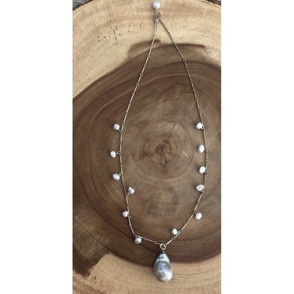 Baroque Tahitian Pearl Necklace Large Drop Pendant 16.5" Bar Link Silver Chain